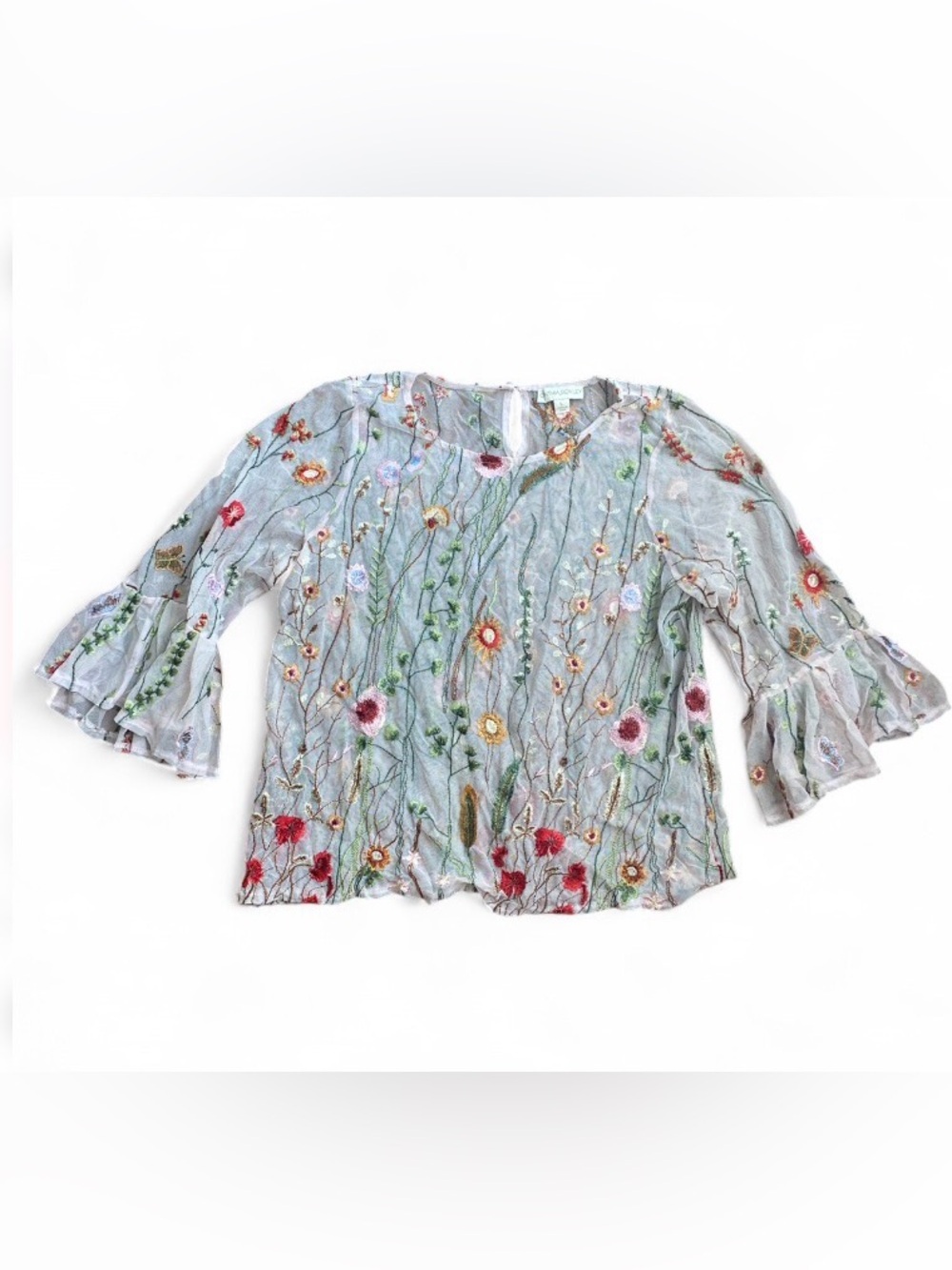 Cynthia Rowley sheer floral embroidered mesh top Cottage/fairy Style Size Large - Picture 5 of 5